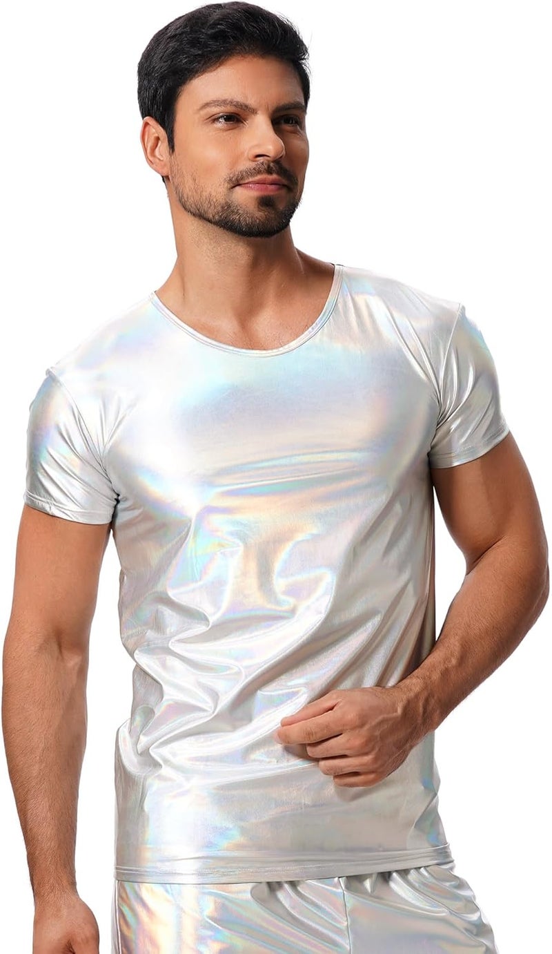 ABAFIP Men's Shiny Tank Top Short Sleeve Dance Shirt 70s Bodycon Party Music Festival T-Shirts - Image 1